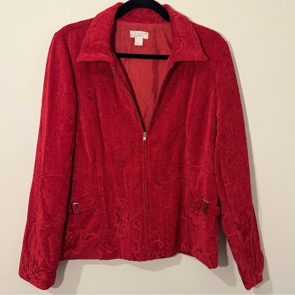 Christopher & Banks Red Textured Zip-Up Jacket Women’s L Floral Jacquard Holiday